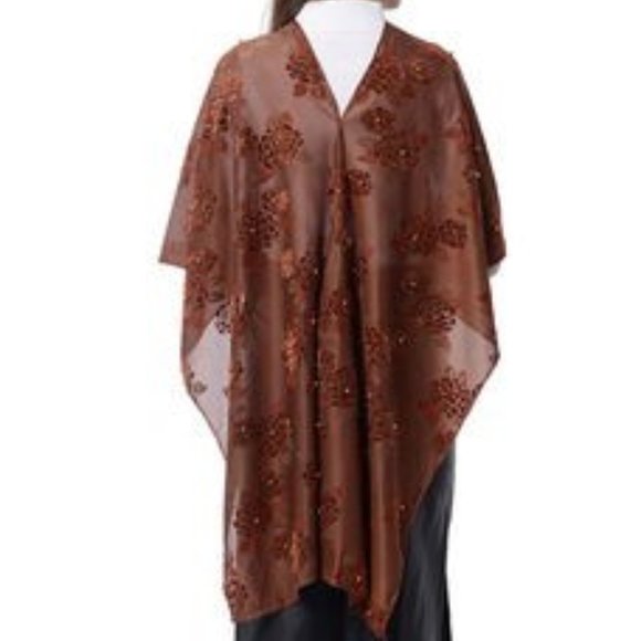 Brown Beaded Rose Pattern Poncho  38x32 Polyester - Picture 2 of 3
